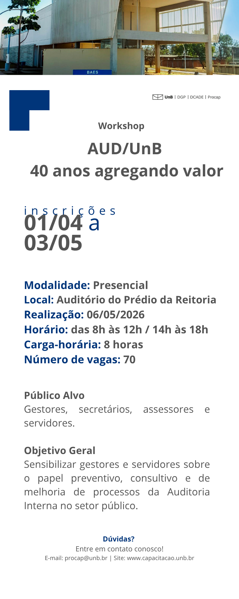 Workshop AUDUnB 40 anos agregando valor Infográfico